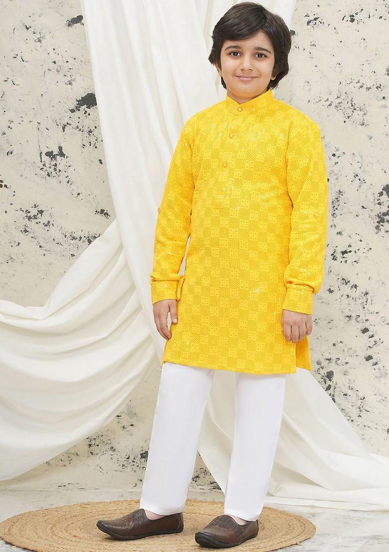 Yellow Embroidered Blended Kurta Set For Boys - Indya