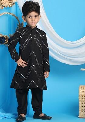 Black Embroidered Blended Kurta Set For Boys