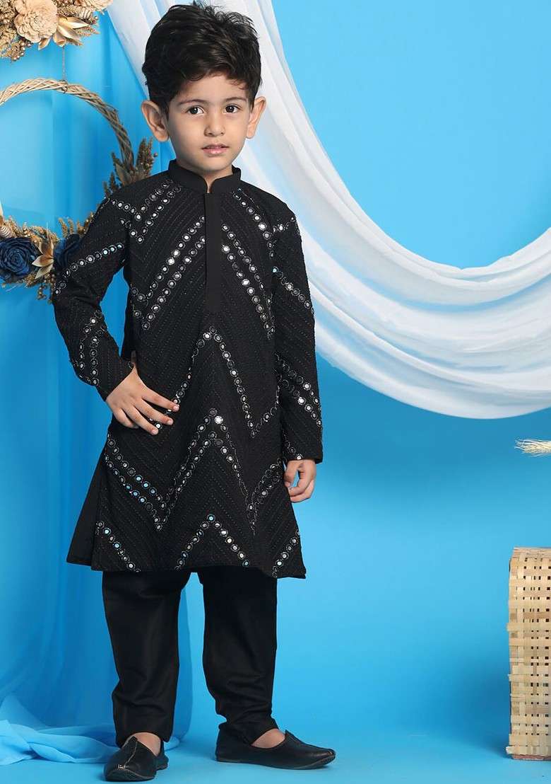 Black Embroidered Blended Kurta Set For Boys - Indya