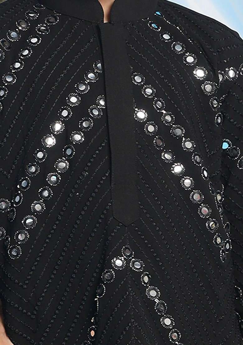 Black Embroidered Blended Kurta Set For Boys - Indya