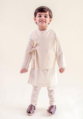 Cream Embroidered Cotton Kurta Set For Boys