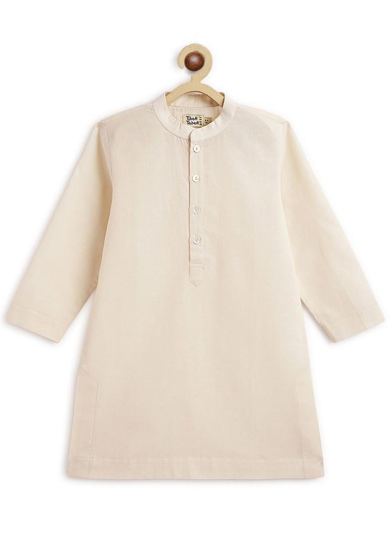 Cream Embroidered Cotton Kurta Set For Boys - Indya