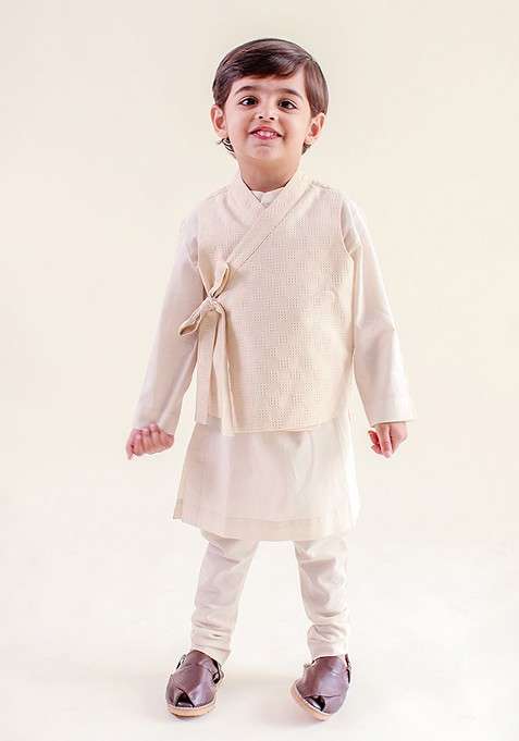 Cream Embroidered Cotton Kurta Set For Boys