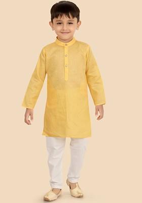 Yellow Woven Design Blended Kurta Set For Boys