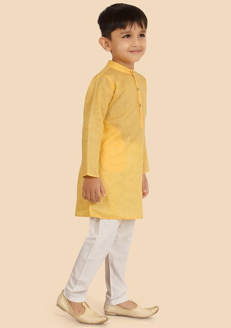 Yellow Woven Design Blended Kurta Set For Boys - Indya
