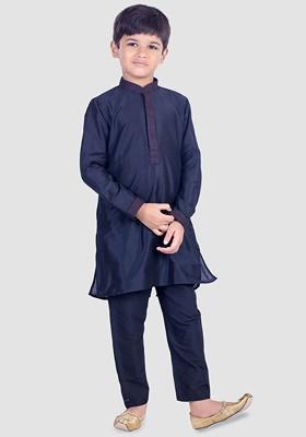 Navy Blue Thread Work Blended Kurta Set For Boys