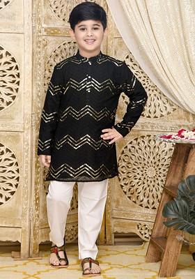 Black Embroidered Blended Kurta Set For Boys