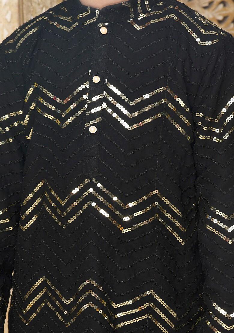 Black Embroidered Blended Kurta Set For Boys - Indya