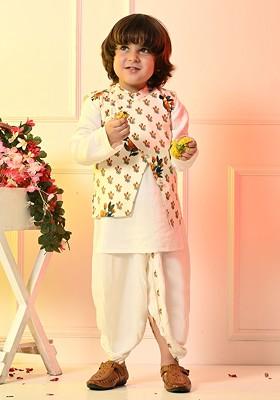 Off White Printed Blended Nehru Jacket Set For Boys