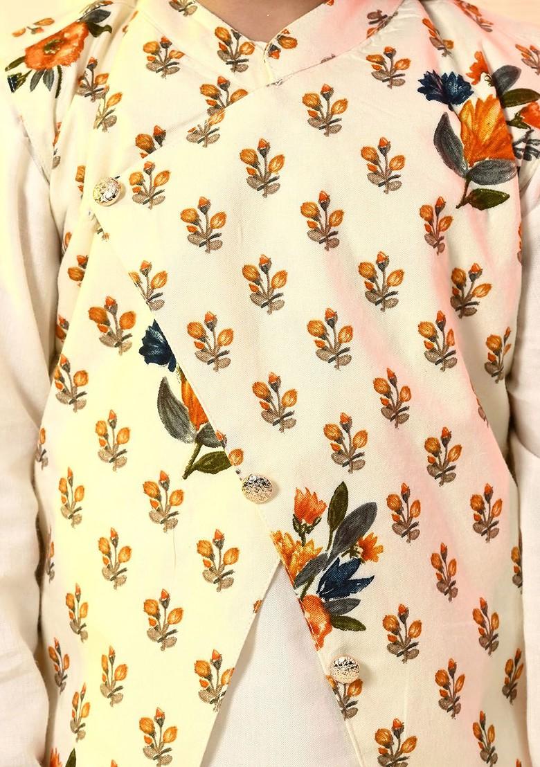 Off White Printed Blended Nehru Jacket Set For Boys - Indya