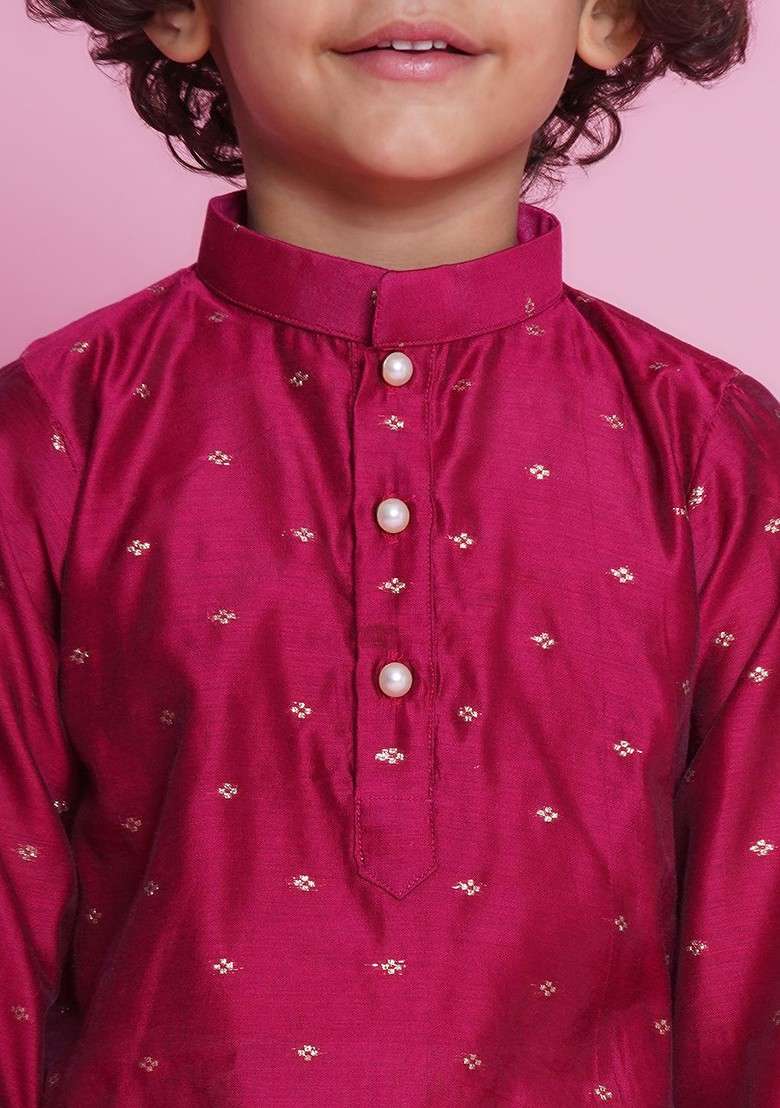 Pink Woven Design Cotton Kurta Set For Boys - Indya