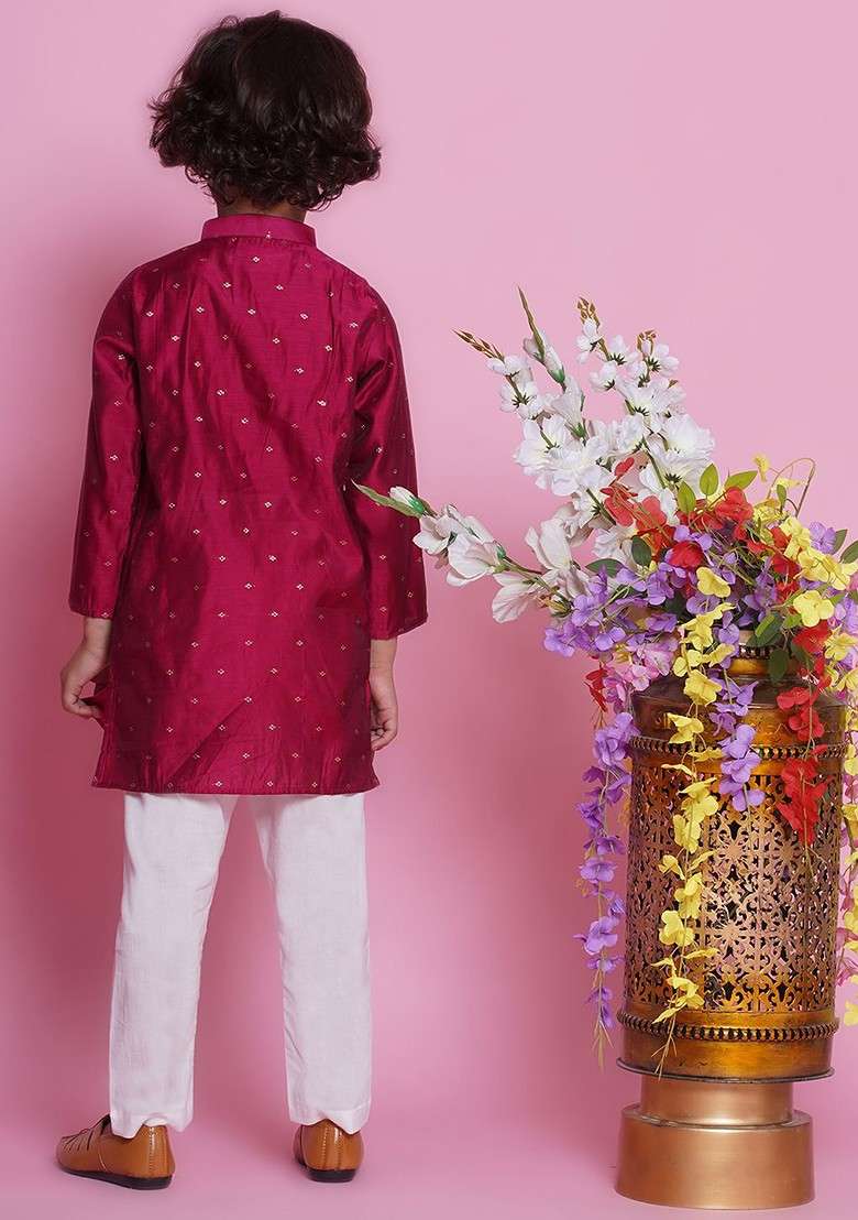 Pink Woven Design Cotton Kurta Set For Boys - Indya