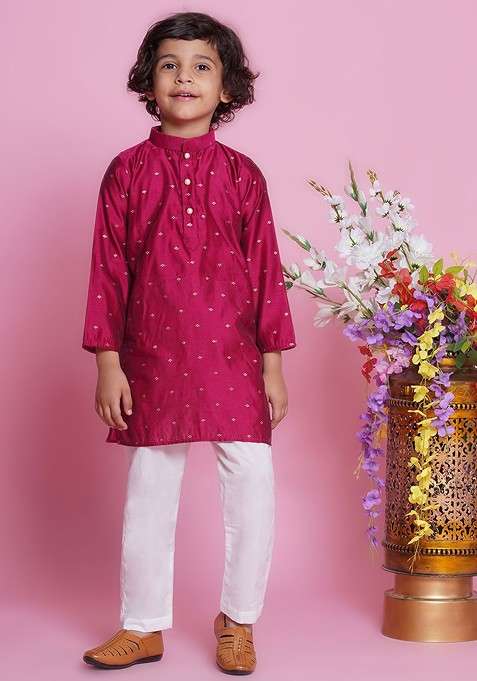 Pink Woven Design Cotton Kurta Set For Boys