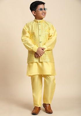 Yellow Embroidered Silk Kurta Set For Boys