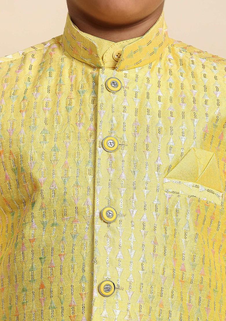 Yellow Embroidered Silk Kurta Set For Boys - Indya