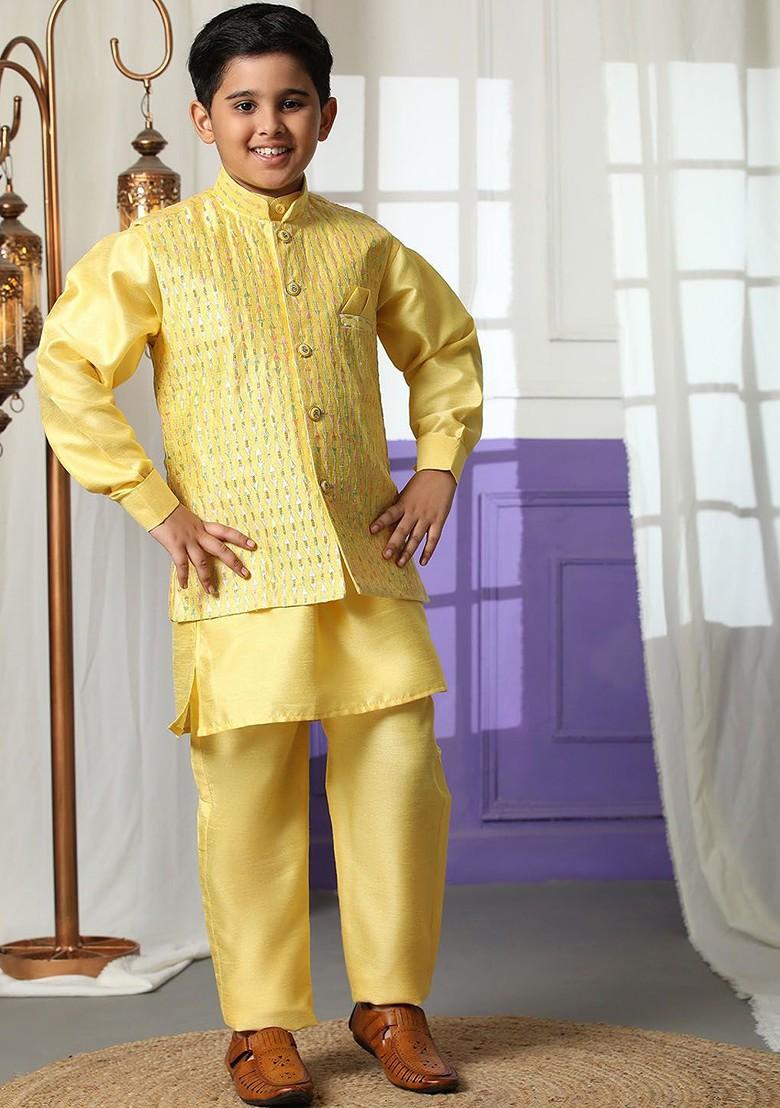 Yellow Embroidered Silk Kurta Set For Boys - Indya