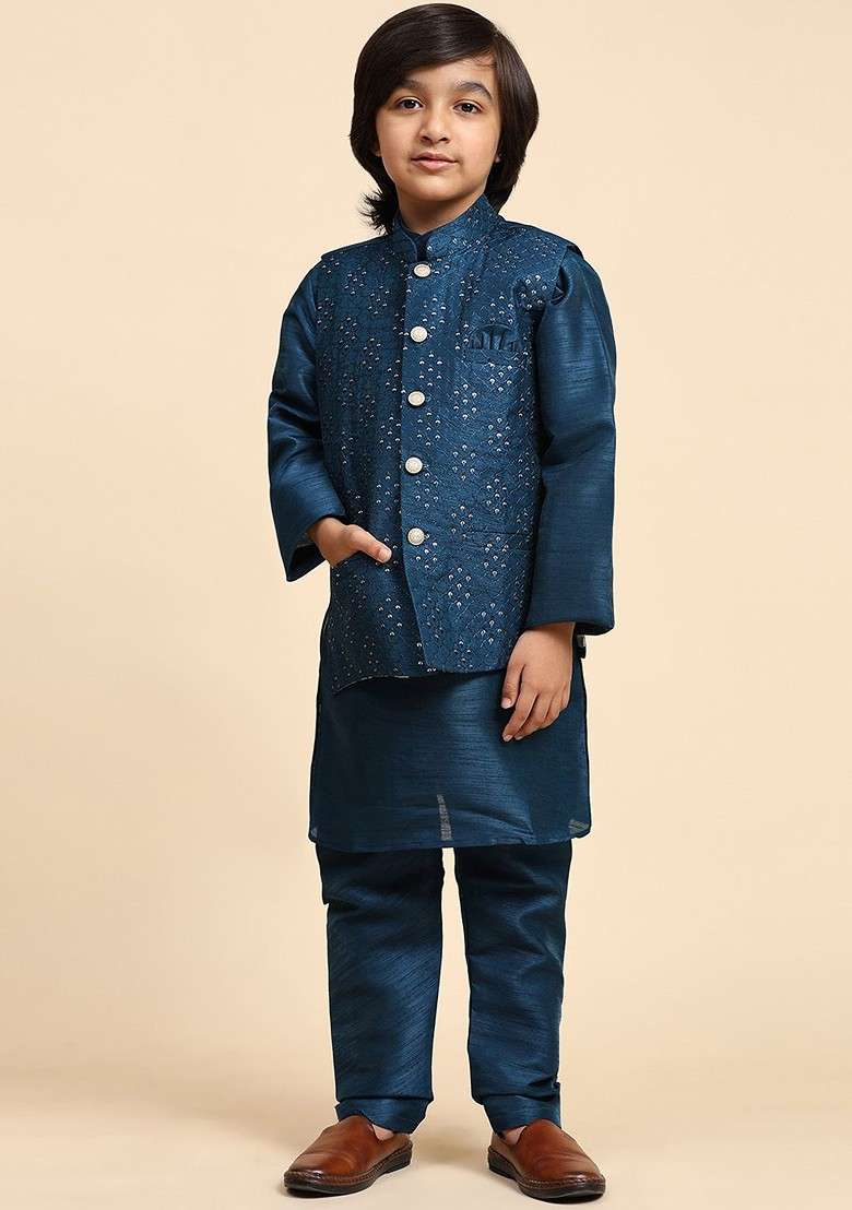 Navy Blue Embroidered Blended Kurta Set For Boys - Indya
