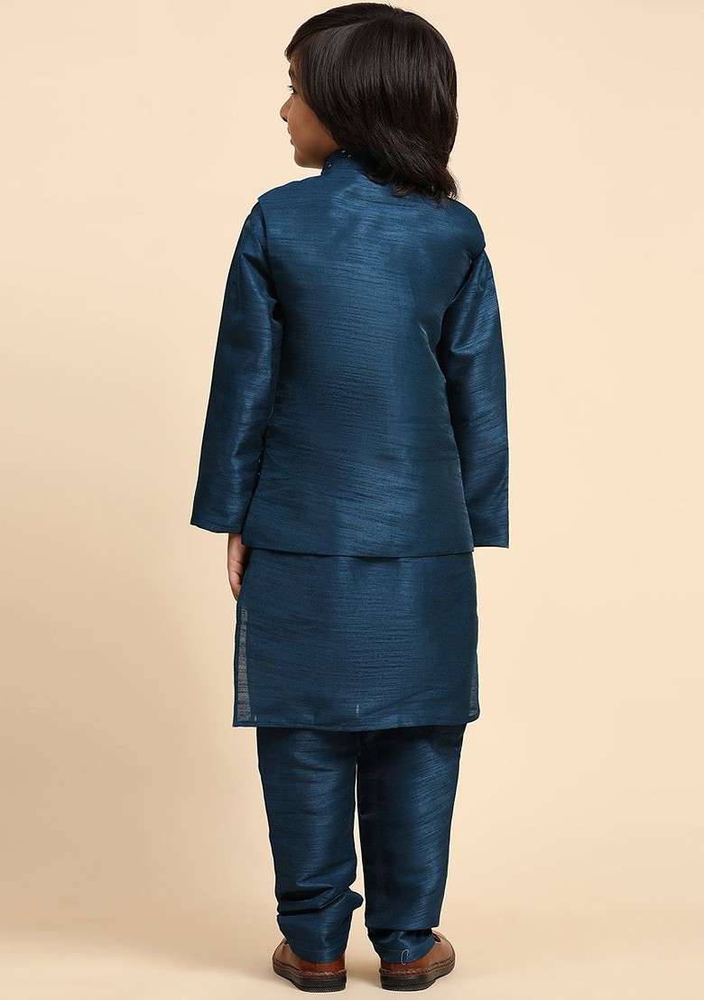 Navy Blue Embroidered Blended Kurta Set For Boys - Indya