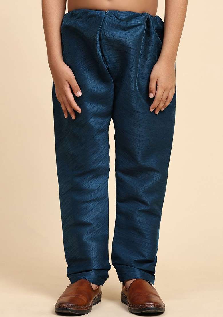Navy Blue Embroidered Blended Kurta Set For Boys - Indya
