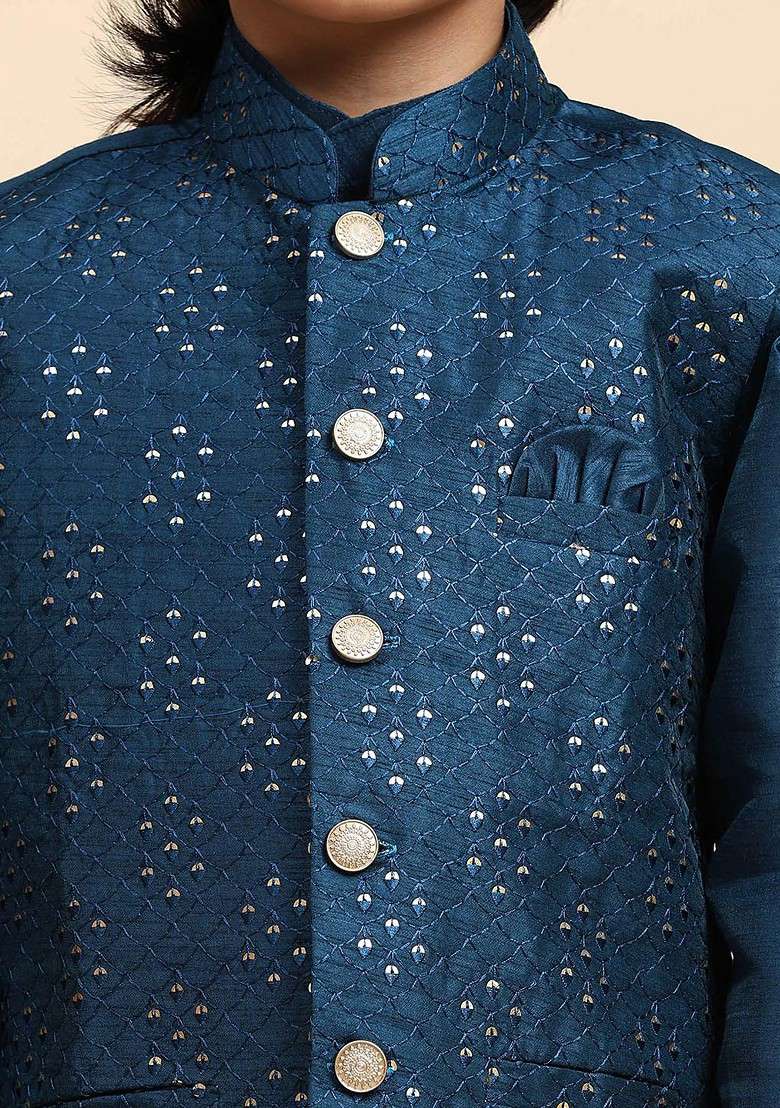Navy Blue Embroidered Blended Kurta Set For Boys - Indya