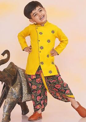 Yellow Embroidered Cotton Kurta Dhoti Set For Boys