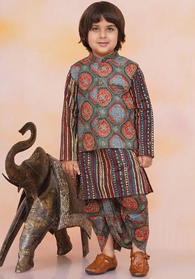 Green Striped Cotton Kurta Set For Boys
