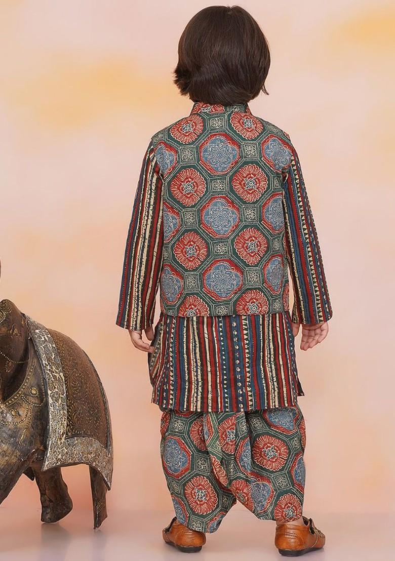 Green Striped Cotton Kurta Set For Boys - Indya