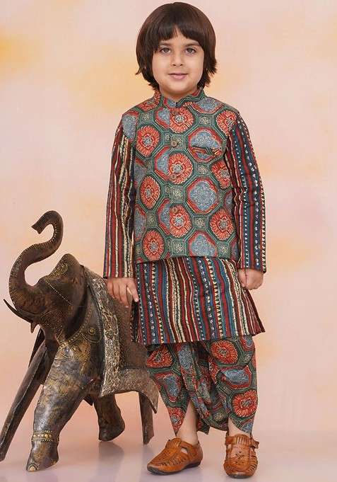 Green Striped Cotton Kurta Set For Boys