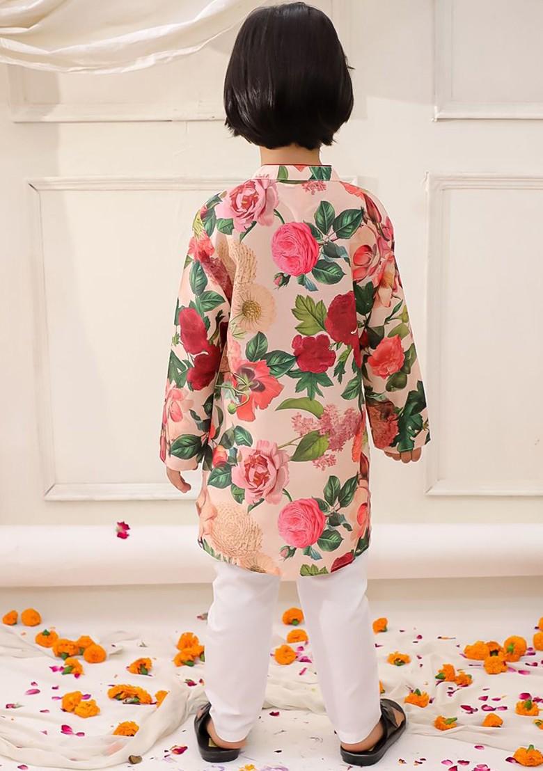 Peach Printed Blended Kurta Set For Boys - Indya