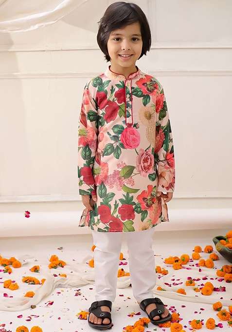 Peach Printed Blended Kurta Set For Boys