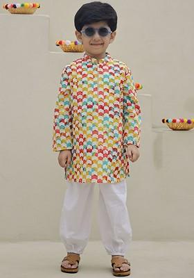 Yellow Printed Cotton Kurta Set For Boys