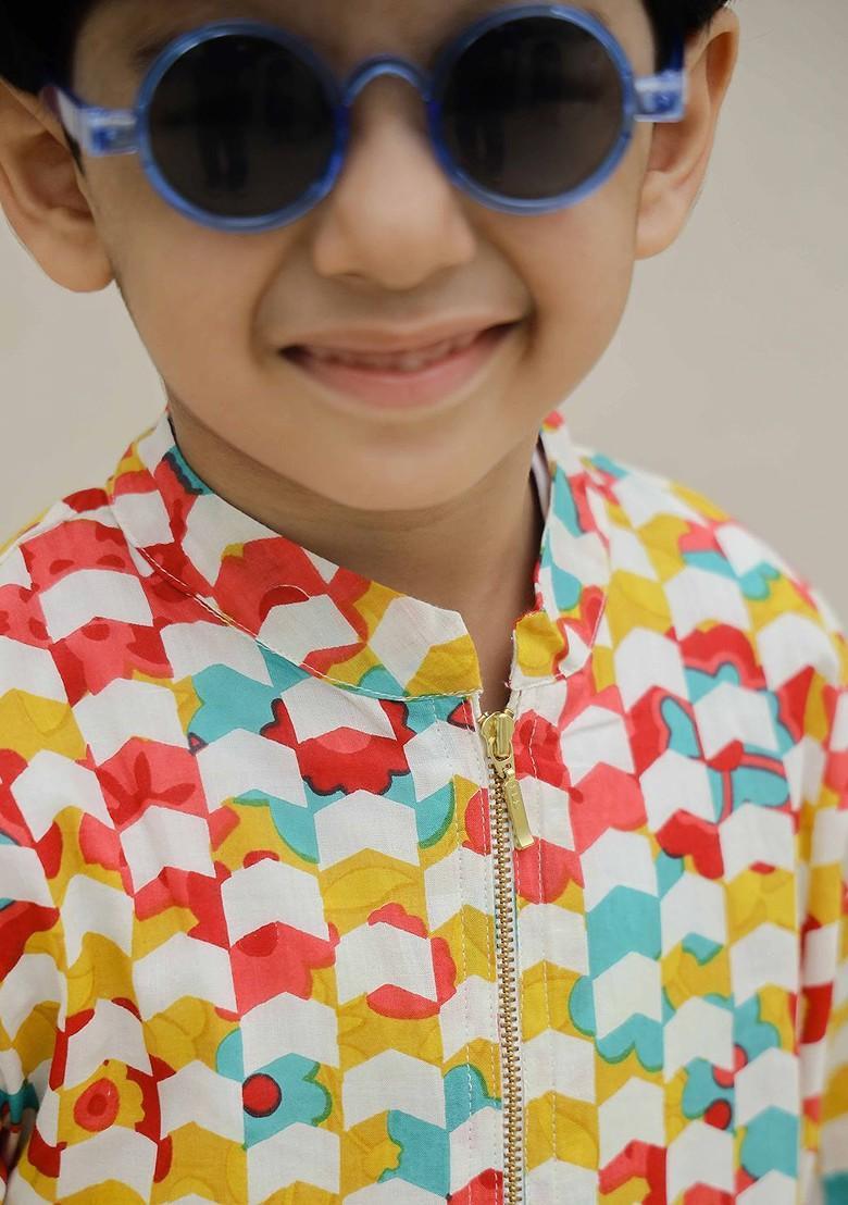 Yellow Printed Cotton Kurta Set For Boys - Indya
