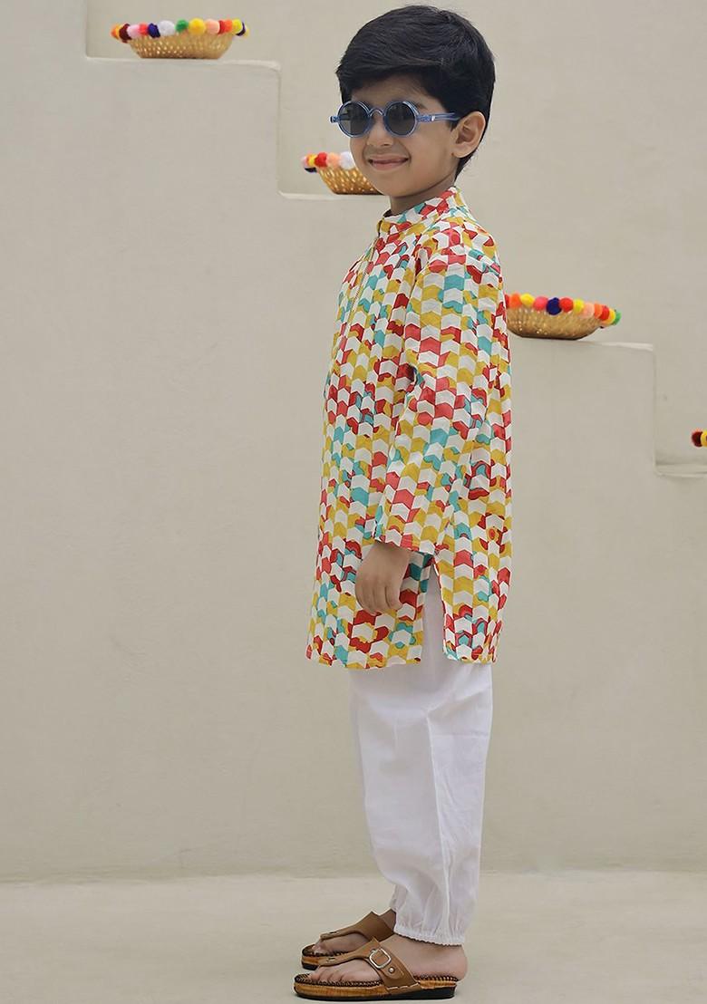 Yellow Printed Cotton Kurta Set For Boys - Indya