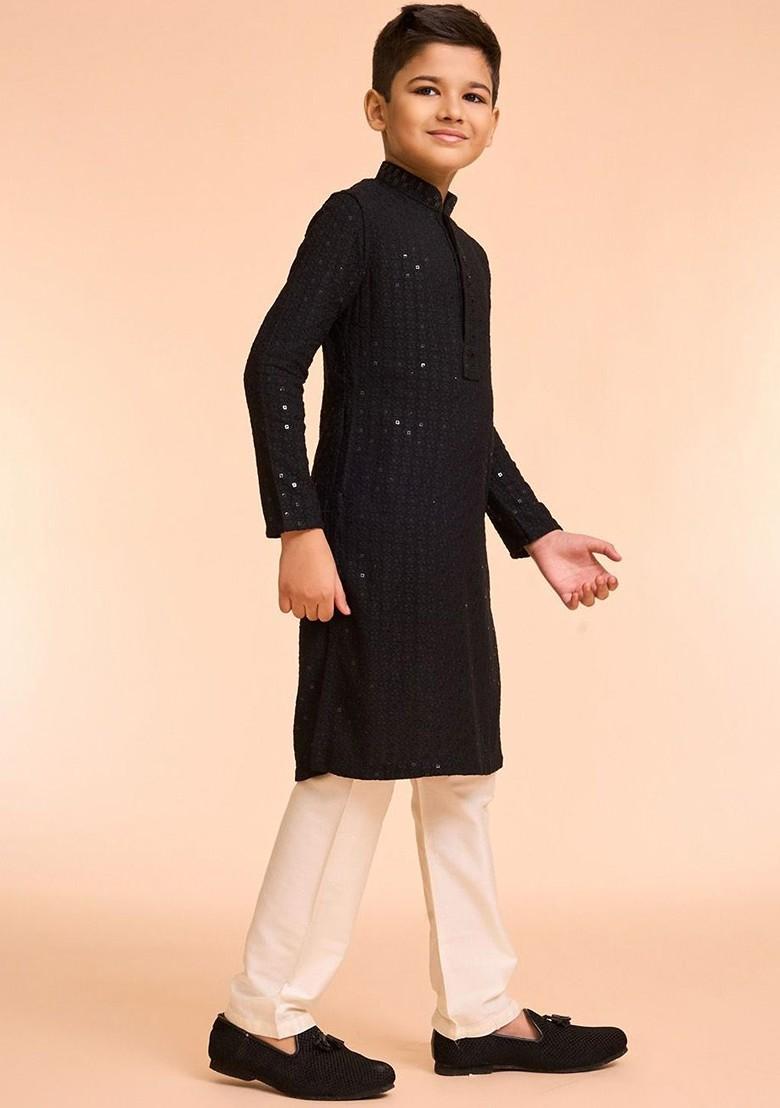 Black Embroidered Blended Kurta Set For Boys - Indya