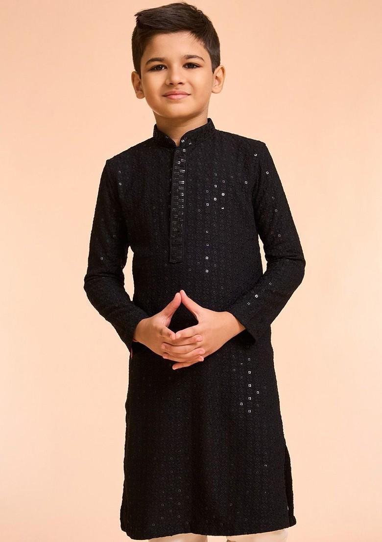 Black Embroidered Blended Kurta Set For Boys - Indya
