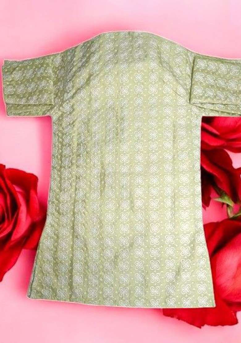 Lime Green Embroidered Cotton Kurta Set For Boys - Indya