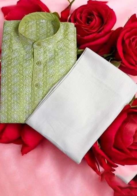 Lime Green Embroidered Cotton Kurta Set For Boys