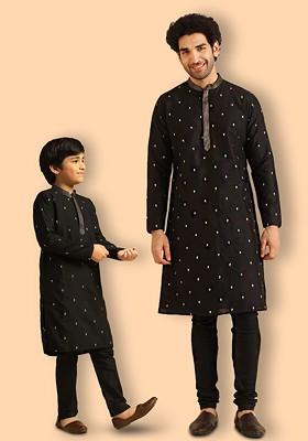 Black Embroidered Blended Kurta Set For Boys