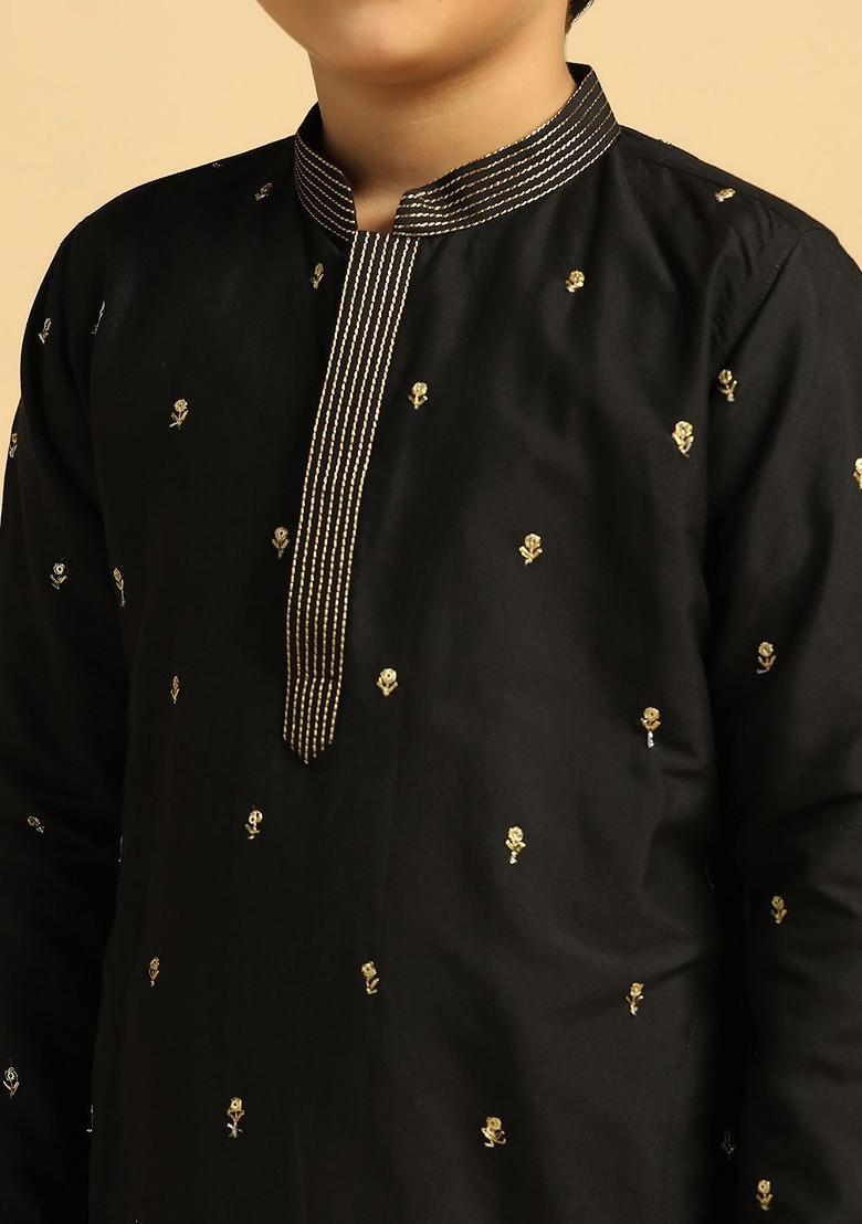 Black Embroidered Blended Kurta Set For Boys - Indya