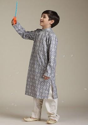 Purple Printed Blended Kurta Set For Boys