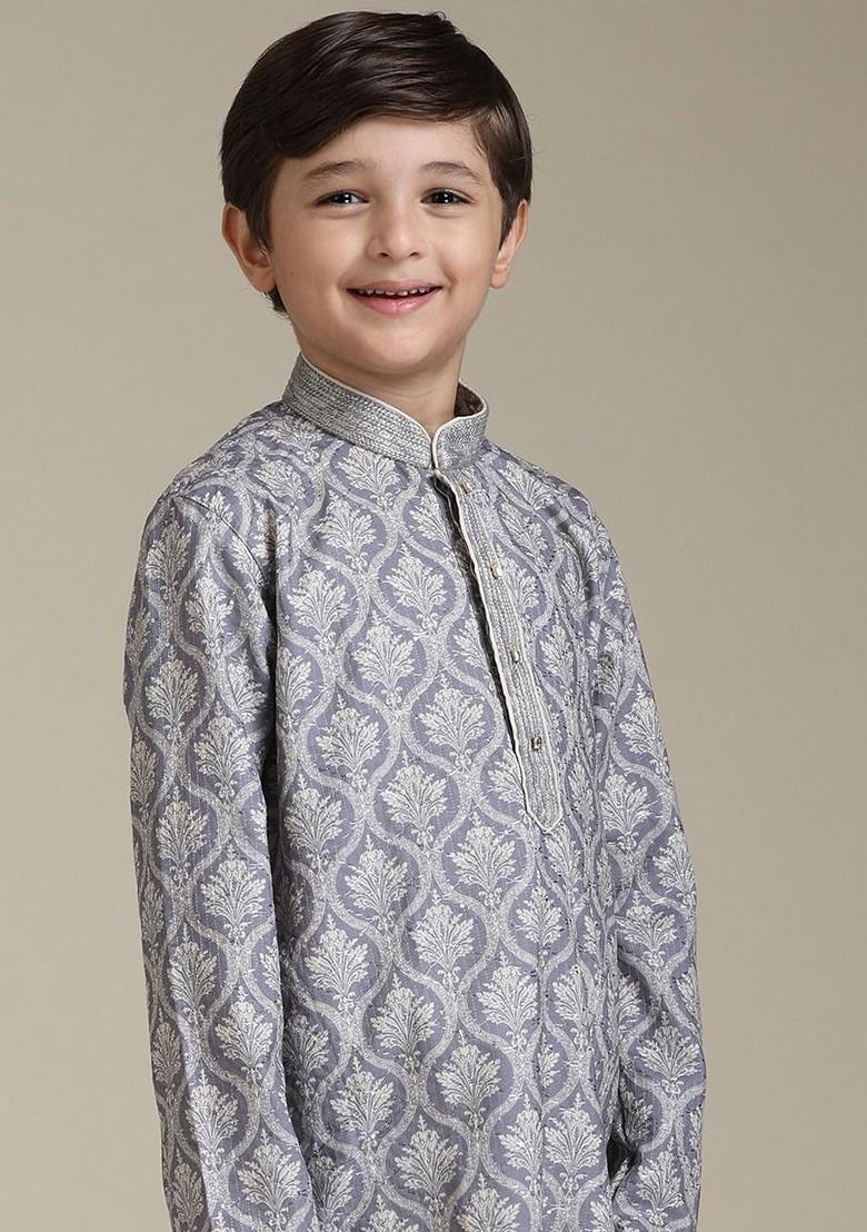 Purple Printed Blended Kurta Set For Boys - Indya