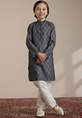 Blue Printed Blended Kurta Set For Boys