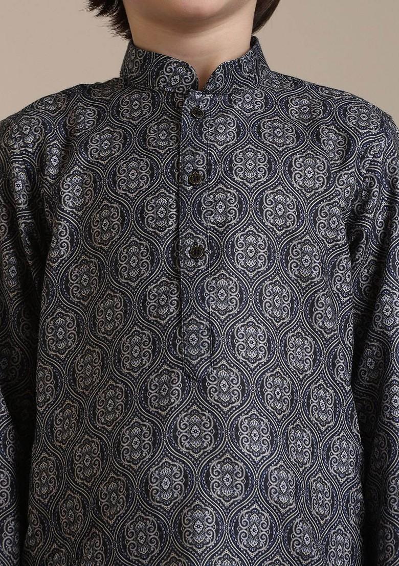 Blue Printed Blended Kurta Set For Boys - Indya