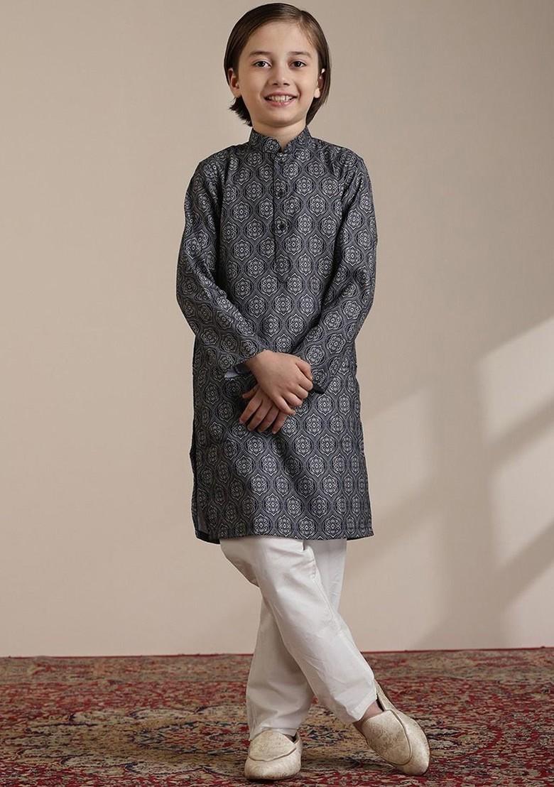 Blue Printed Blended Kurta Set For Boys - Indya