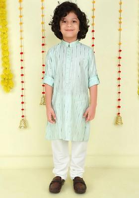 Sea Green Embroidered Blended Kurta Set For Boys