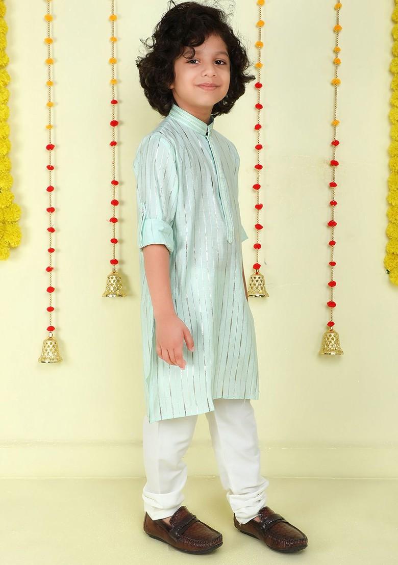 Sea Green Embroidered Blended Kurta Set For Boys - Indya