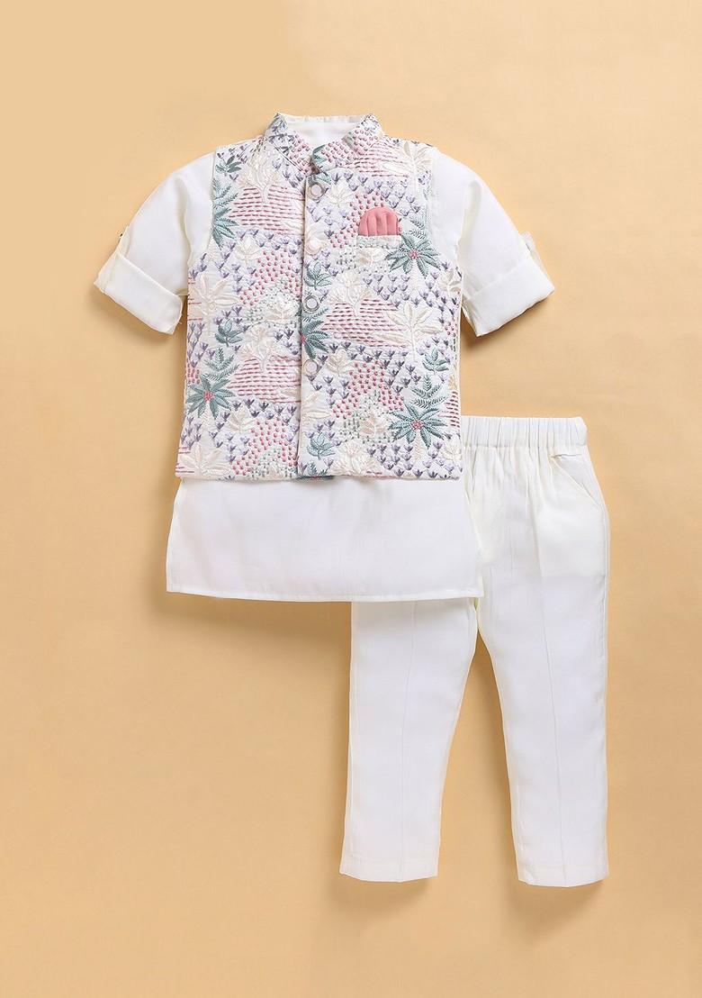 Cream Embroidered Blended Kurta Set For Boys - Indya