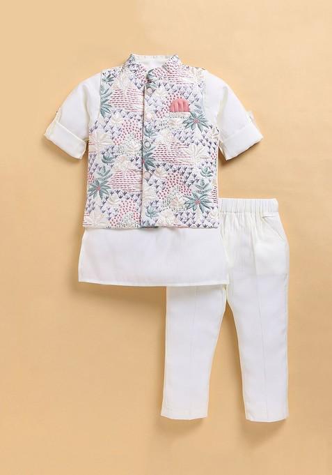 Cream Embroidered Blended Kurta Set For Boys — view on Indya