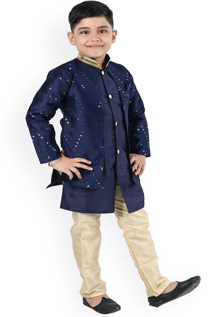 Navy Blue Embroidered Blended Kurta Set For Boys - Indya