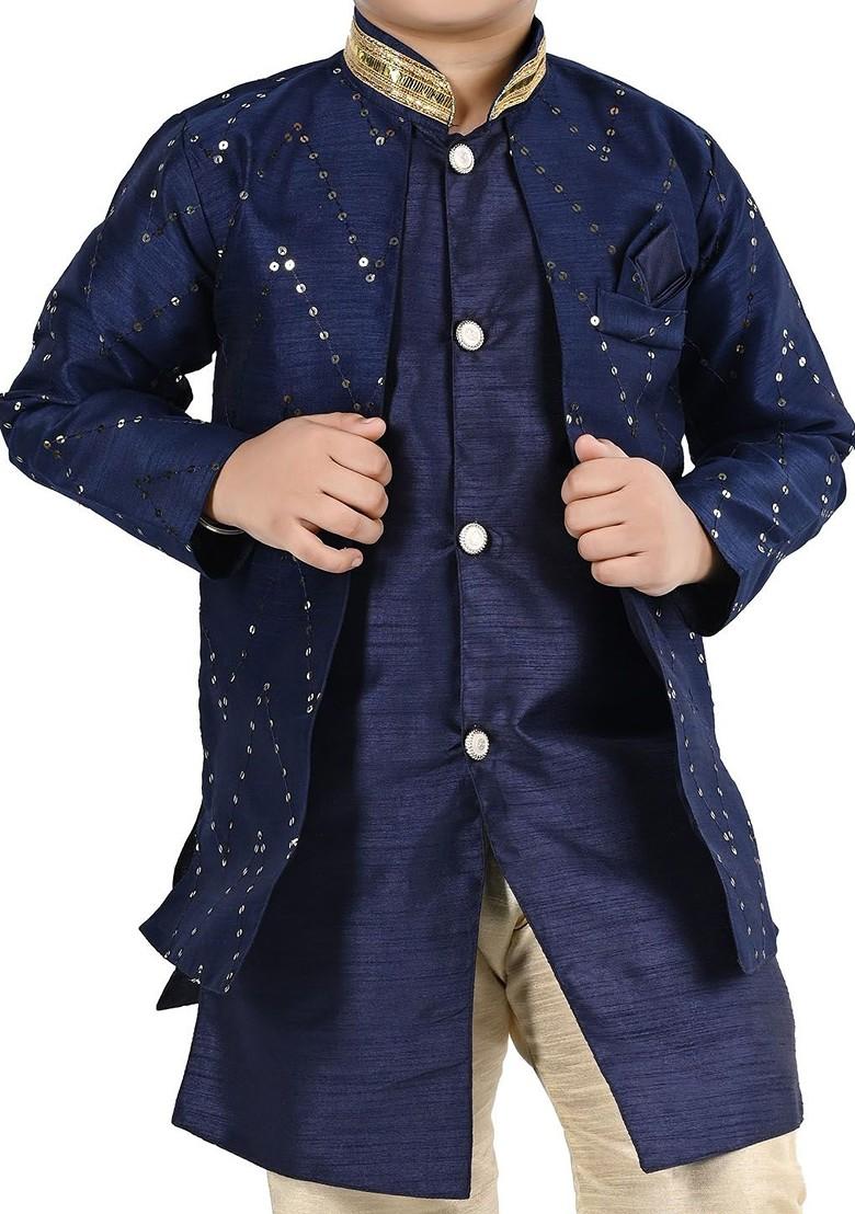 Navy Blue Embroidered Blended Kurta Set For Boys - Indya